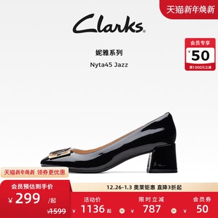 浅口方头粗跟皮鞋 Clarks其乐Nyta45 复古红色高跟鞋 秋季 Jazz女鞋