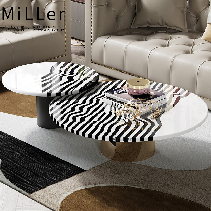 北欧轻奢大理石圆茶几组合个性创意不锈钢镀金高低茶几斑马纹角几