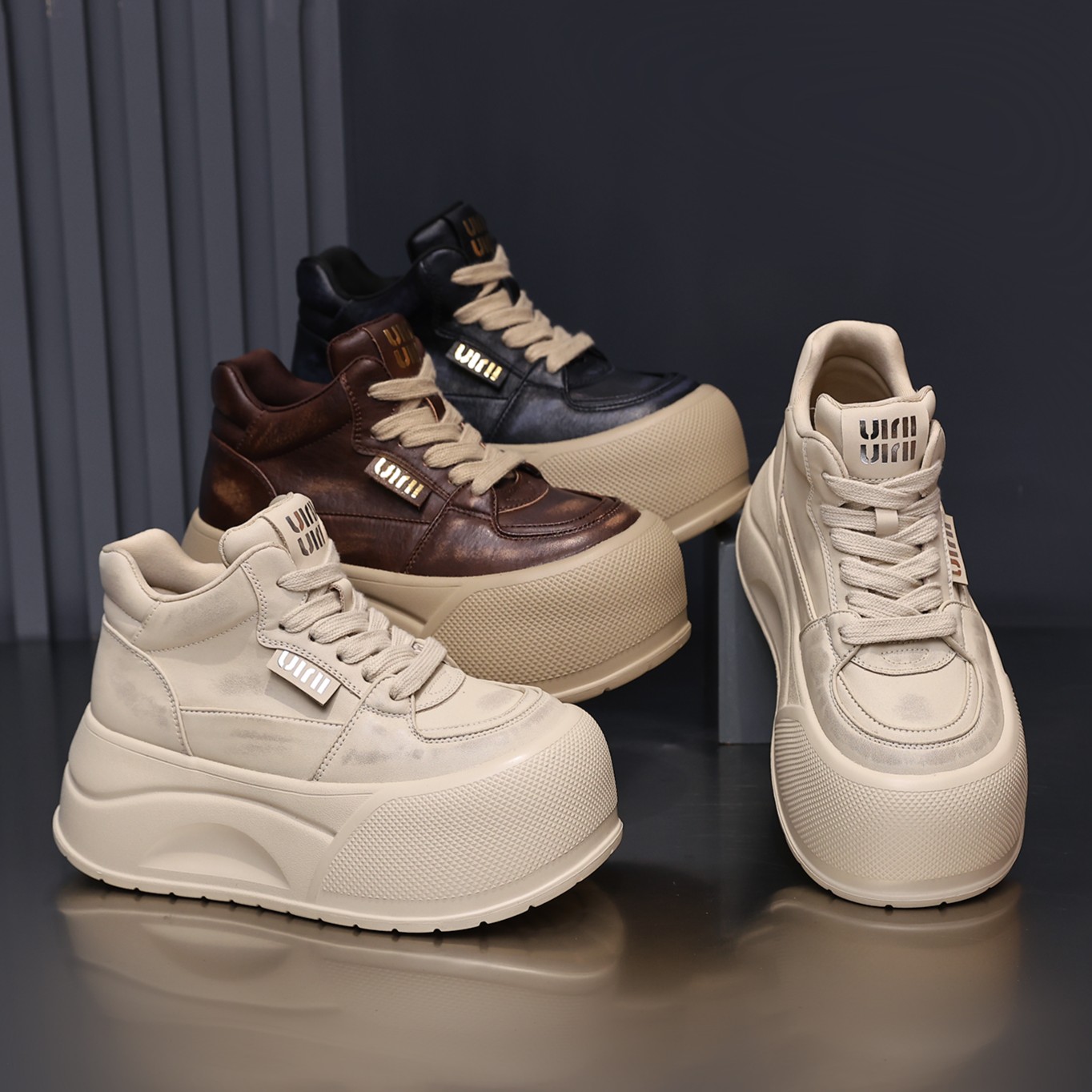 7CM厚底擦色复古高帮鞋2025新拼色休闲板鞋百搭增高时尚运动鞋潮