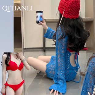 比基尼泳衣女2025新款绝美分体三件套性感纯欲针织罩衫海边度假风
