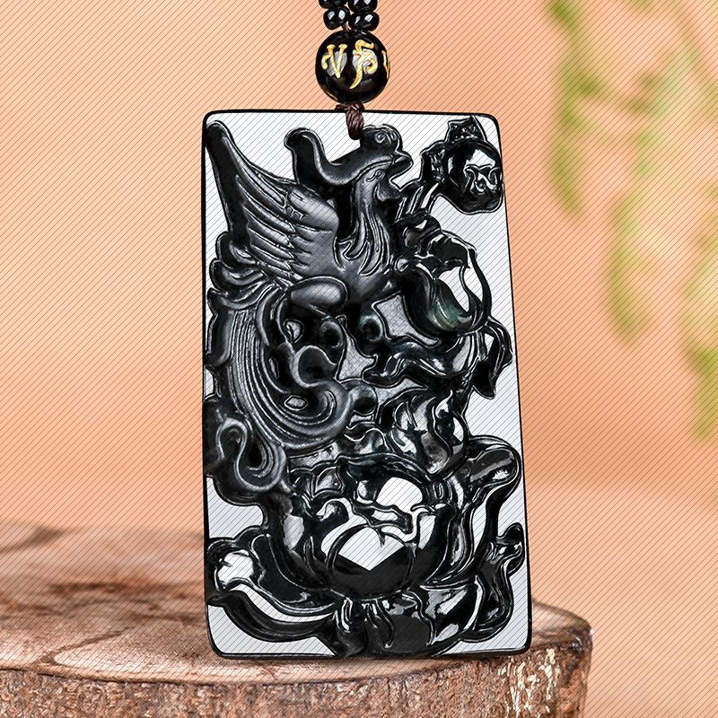 正品天然翡翠A货墨翠牡丹凤凰吊