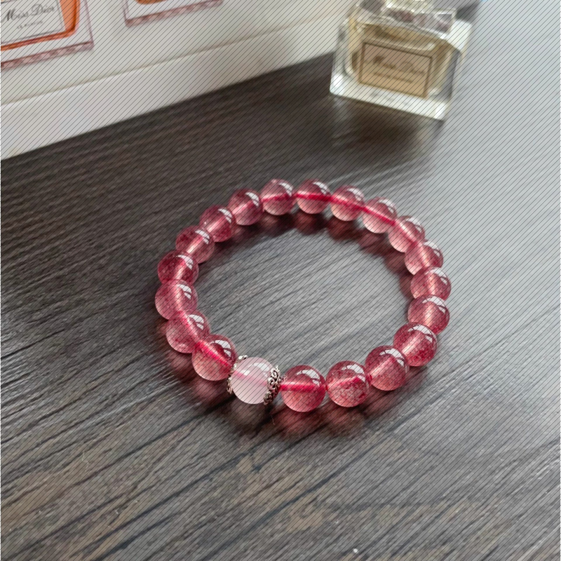天然草莓晶手链招桃花粉水晶纯银小象佛珠桃花水晶手链桃花石手串