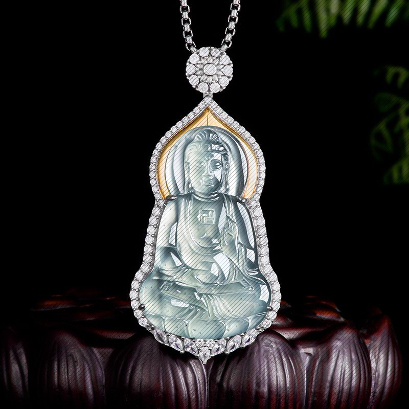 天然a货翡翠蓝水阿弥陀佛S925银