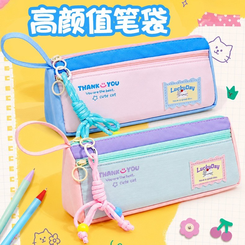 高颜值笔袋新款学生手提文具袋多巴胺大容量小众设计感女生文具盒初中生双层铅笔盒小学生糖果色创意收纳袋