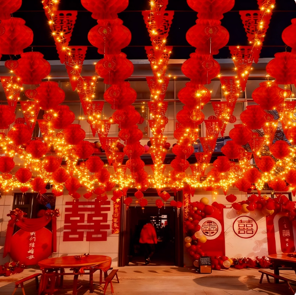 农村结婚院子装饰喜字灯笼场景布置彩旗男女方自建房庭院婚礼全套