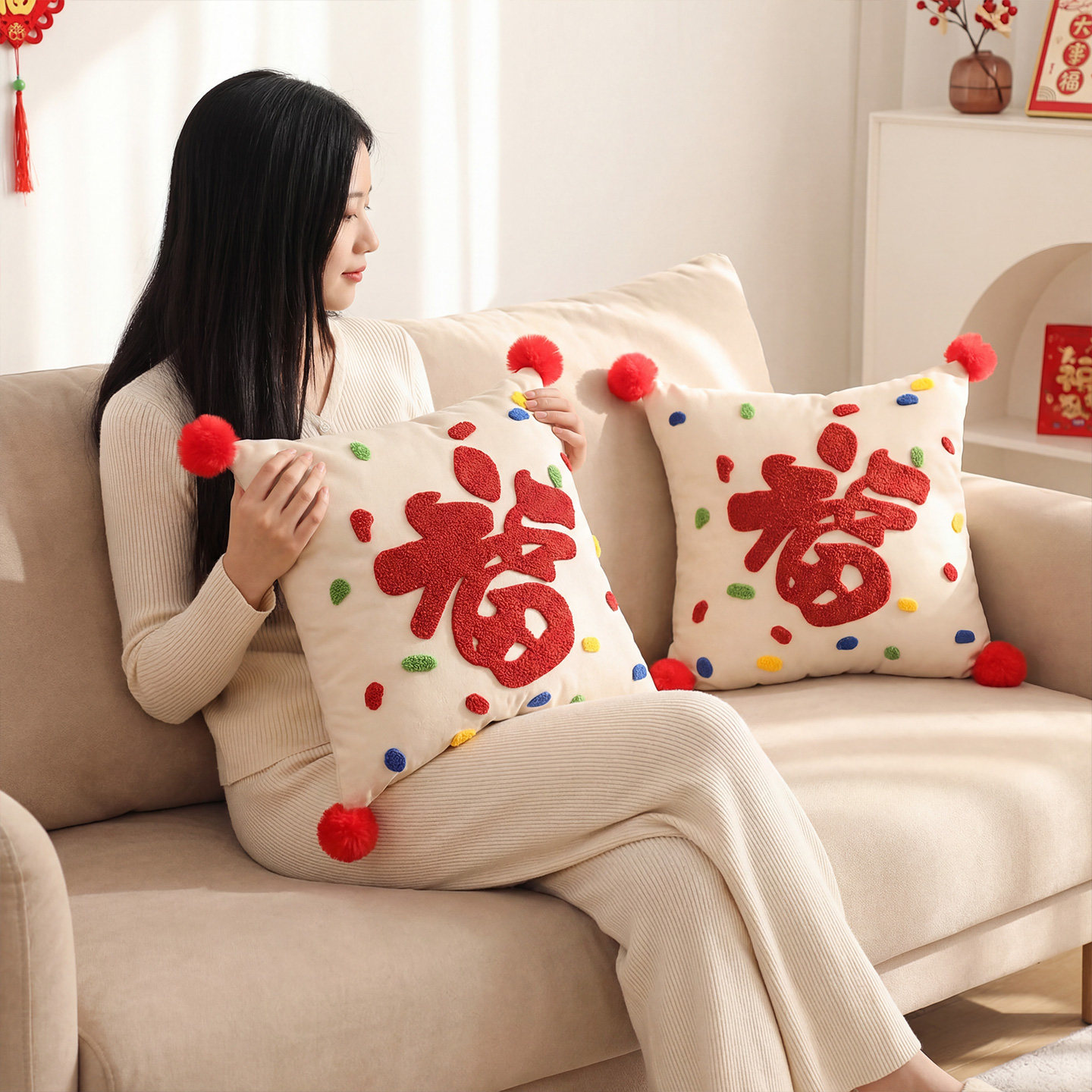 新年客厅沙发抱枕家用福字过年装饰用品马年喜庆氛围感多巴胺抱枕,节庆用品/礼品,创意抱枕,淘宝优惠券,粉丝福利购,淘宝优惠卷