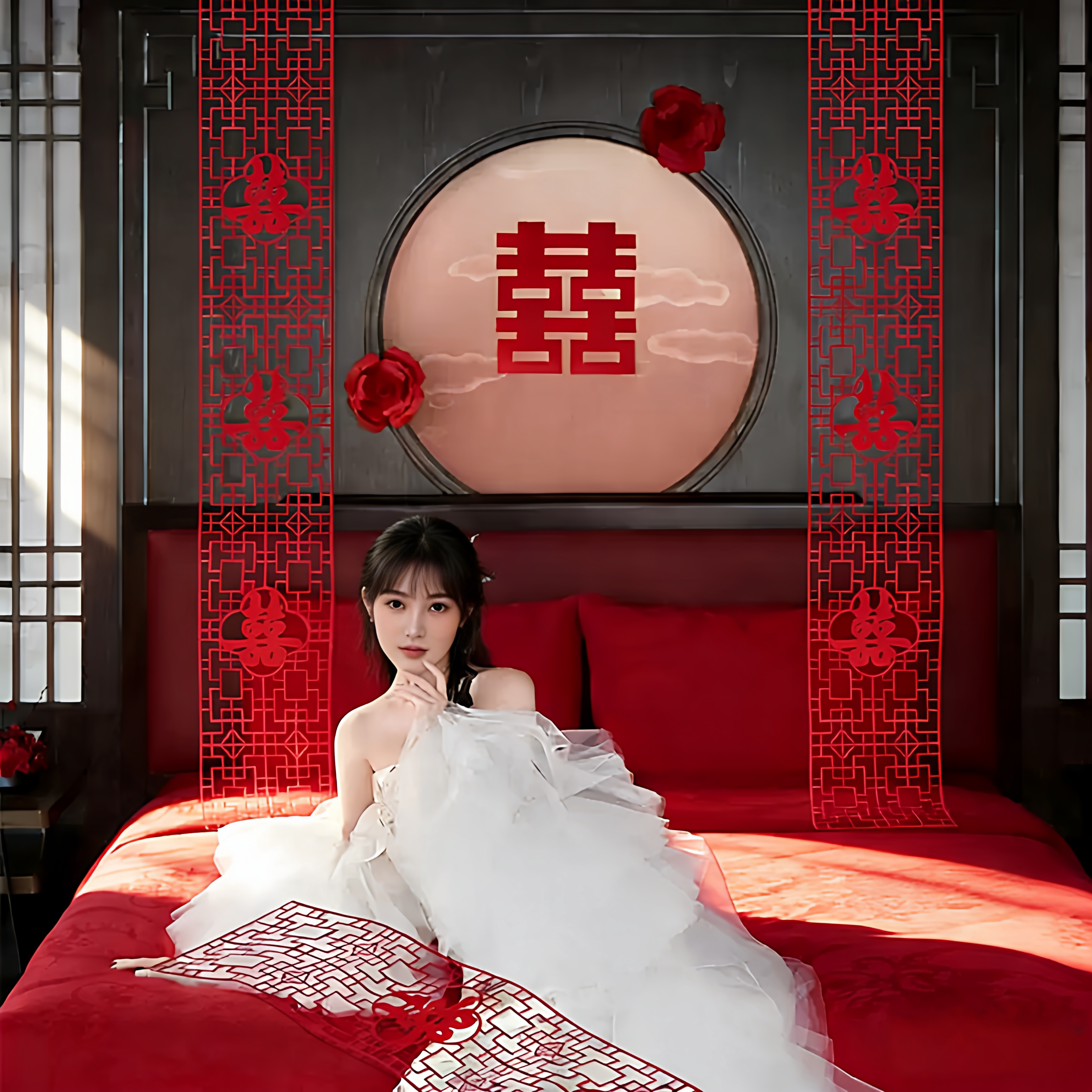 结婚房卧室高级感布置长条大喜字挂饰床头背景墙装饰女方氛围装饰 - 实物图