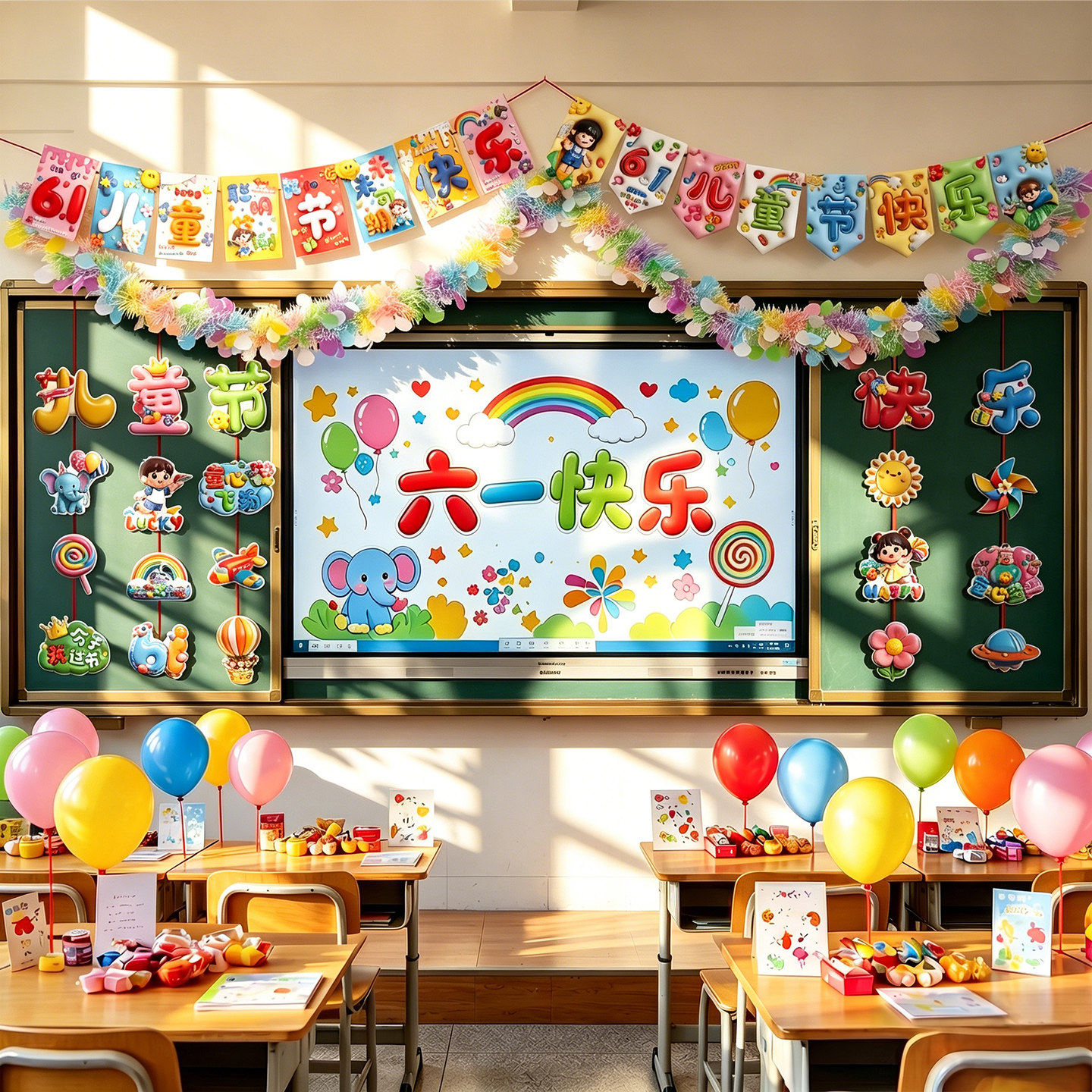 六一儿童节幼儿园小学班级活动场景毛条拉旗装饰品教室黑板布置61