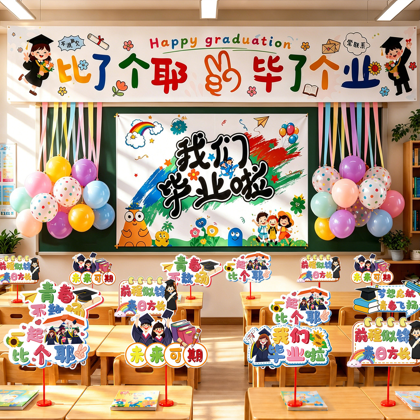 毕业典礼场景布置幼儿园小学六年级班级教室桌飘黑板挂布气球装饰