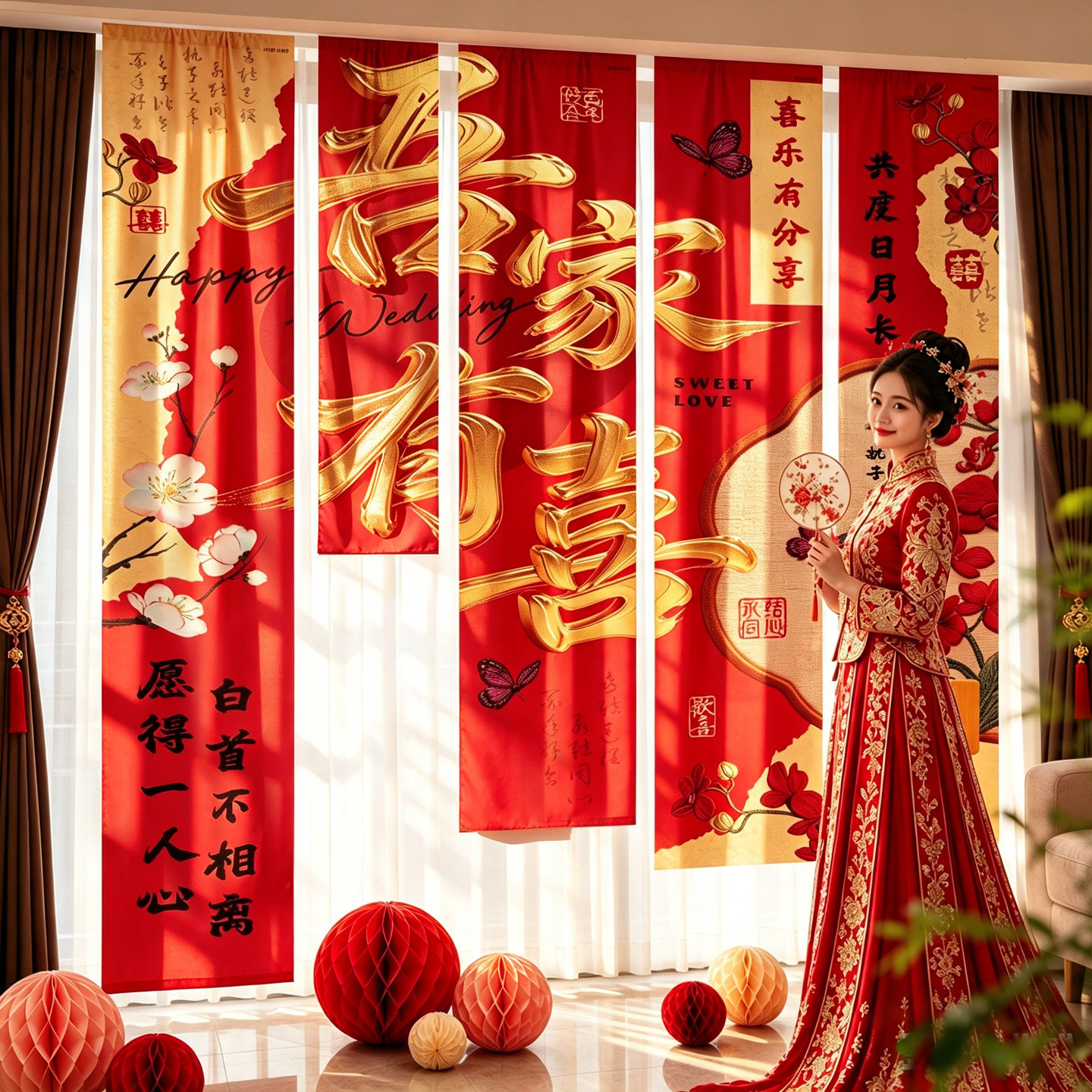 结婚喜字剪纸全套挂布挂件图片