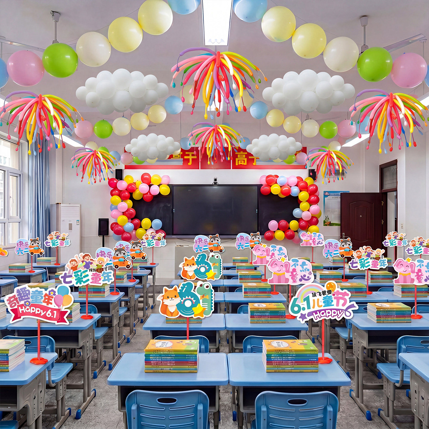 六一儿童节气球场景学校教室黑板装饰布置氛围感用品61小学幼儿园