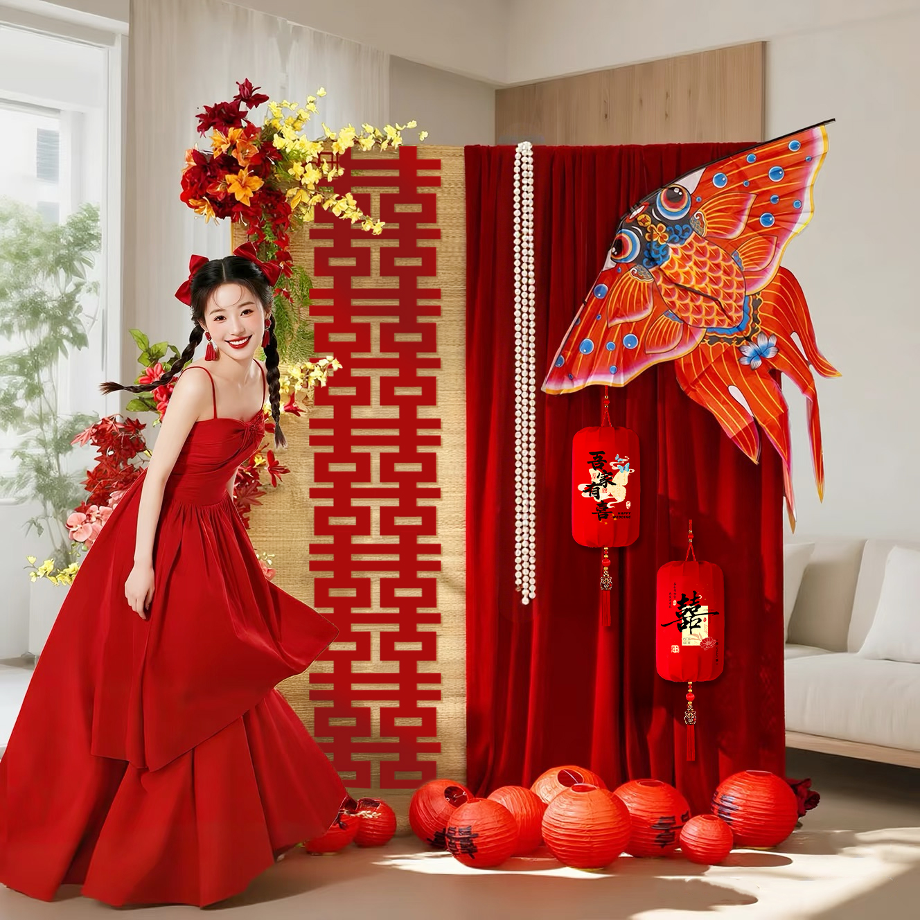 男女结婚婚房拍照区布置客厅布幔