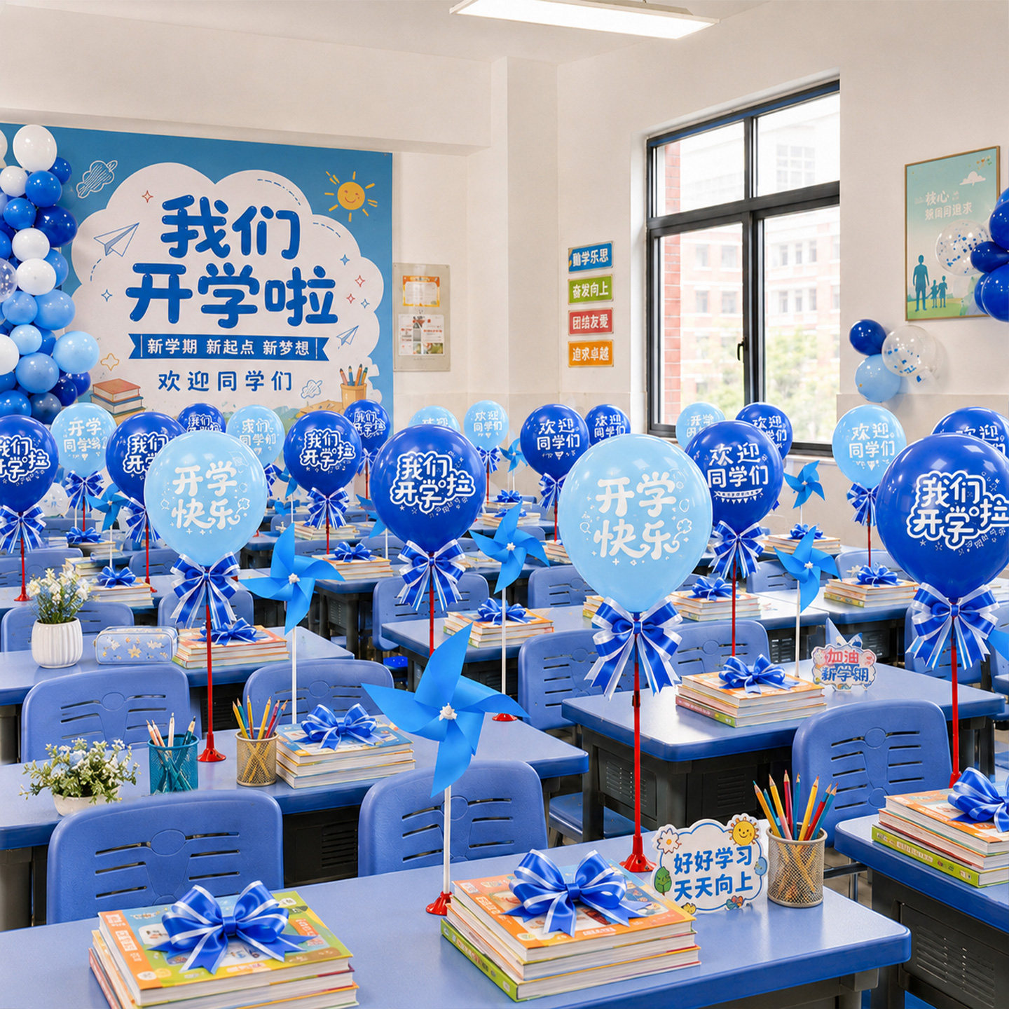 开学季教室风车班级小学幼儿园桌面气球拉花场景布置初中氛围装饰