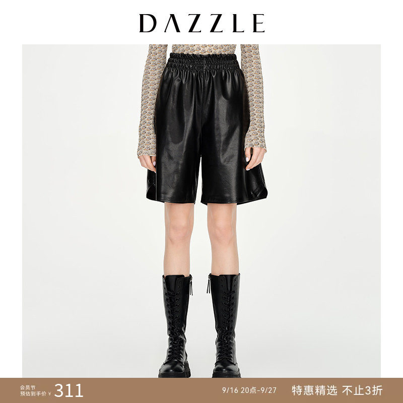 DAZZLE地素奥莱 春装黑色仿皮弹力pu皮松紧腰短裤女2D1Q1图片