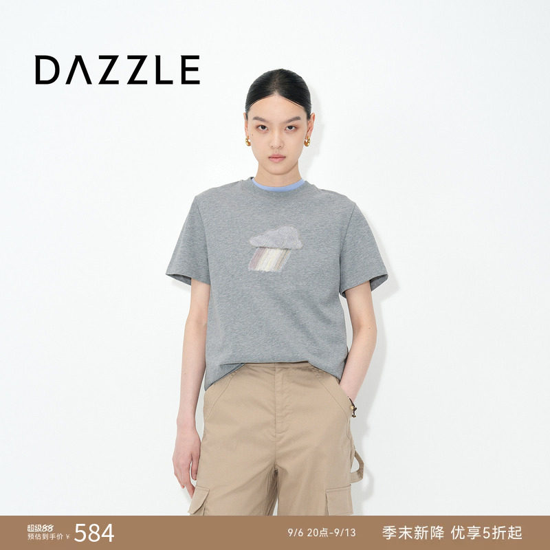 DAZZLE 地素奥莱T恤夏季简约灰色彩虹印花短袖上衣女图片