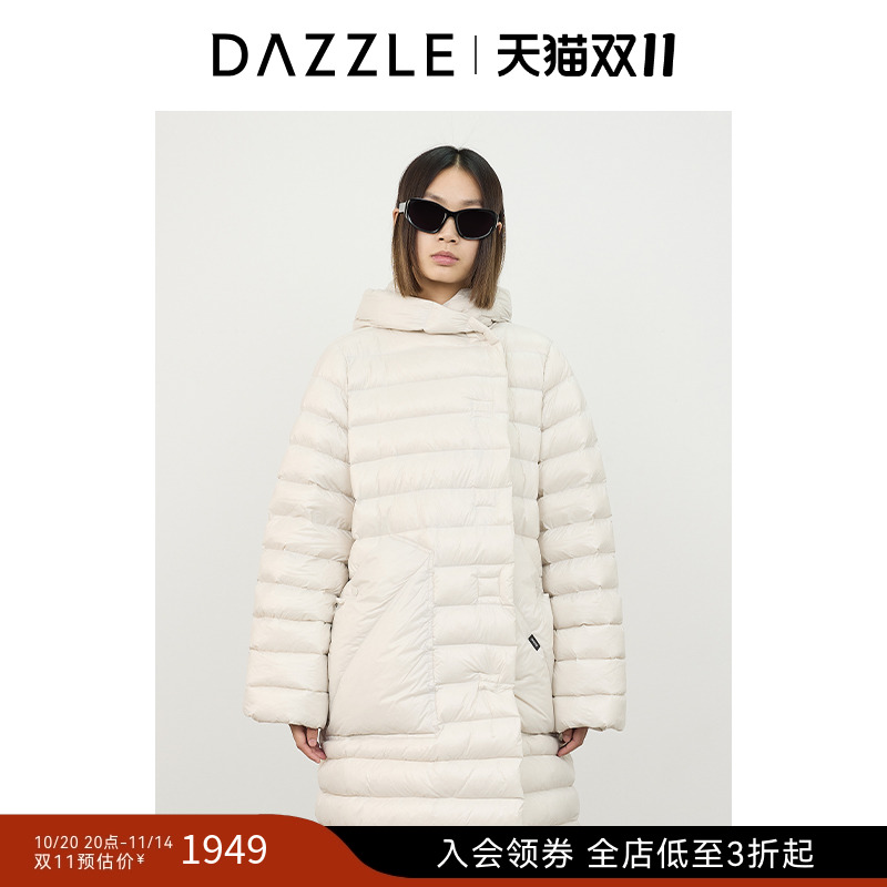 DAZZLE地素奥莱 绗缝连帽羽绒服女冬过膝长款外套保暖羽绒服