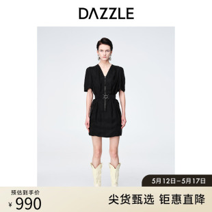 简约黑色工装 风短袖 春季 DAZZLE地素奥莱 拉链设计V领连衣裙女