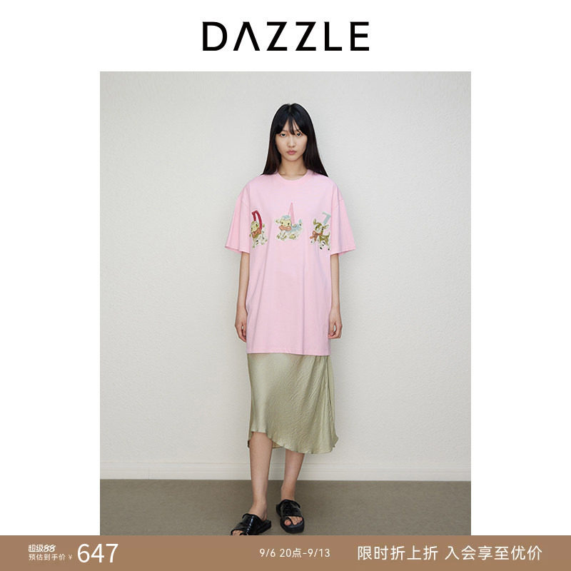 DAZZLE地素奥莱 T恤秋季女装肌理感刺绣圆领落肩五分袖上衣图片