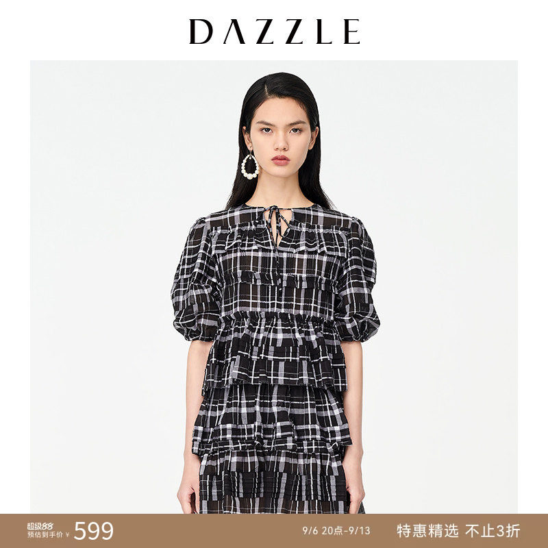 DAZZLE地素奥莱 春夏款法式泡泡袖格纹连衣裙蛋糕裙女图片