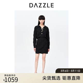 DAZZLE地素奥莱23春季新款简约通勤黑色polo领肌理感针织衫毛衣