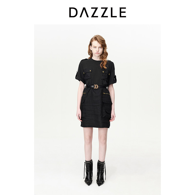 DAZZLE地素黑色拼接短袖连衣裙图片