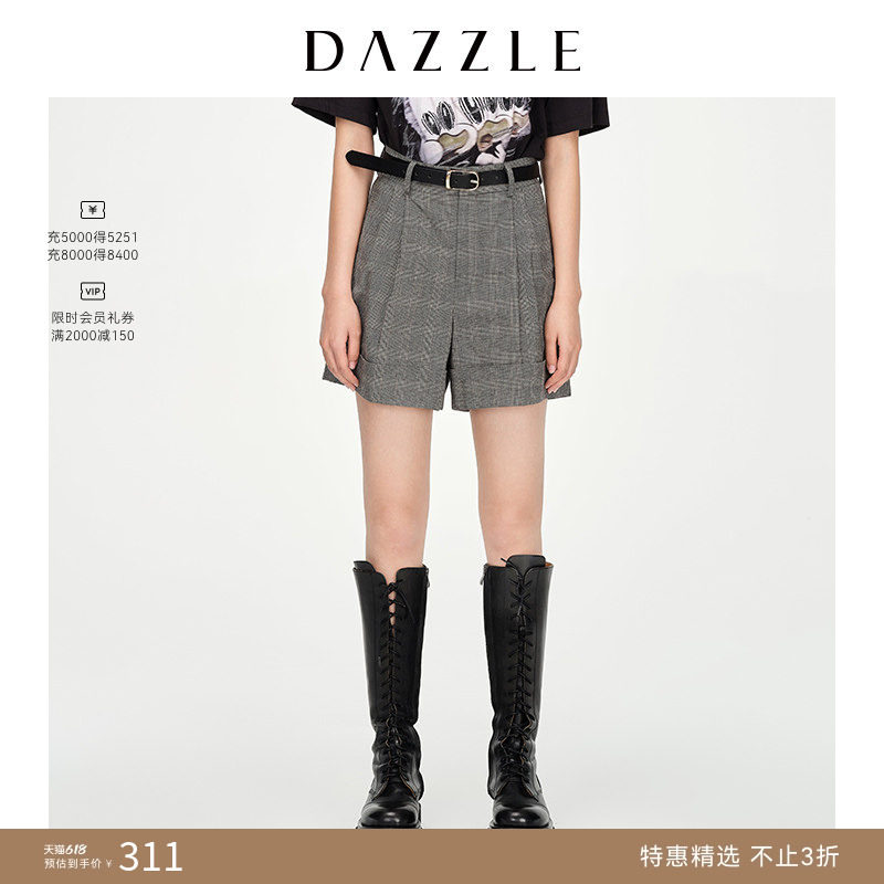 【奥莱专供】DAZZLE地素奥莱 格纹卷边休闲短裤西裤女2D1Q11E