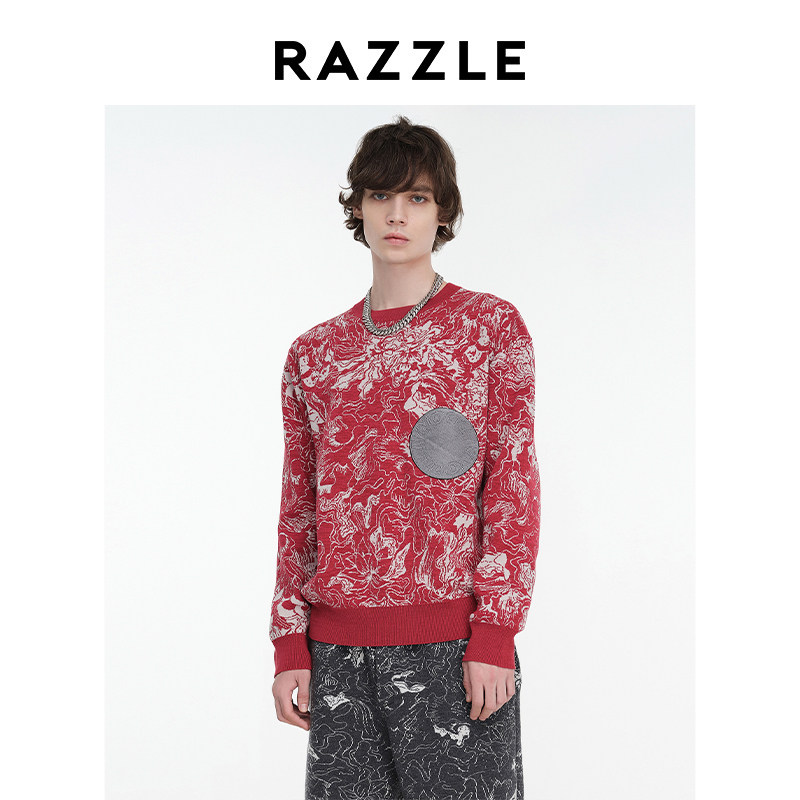 RAZZLE地素奥莱男装长袖毛衣春季大红色千层花朵毛衫