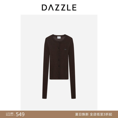 DAZZLE 地素奥莱毛衣2025年夏季黄褐色棉混纺针织抽条开衫针织衫