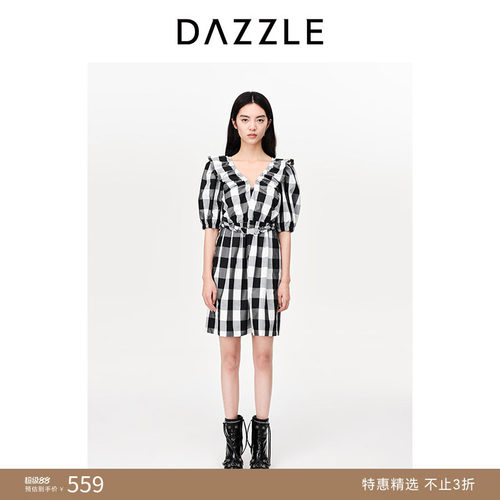 DAZZLE地素格纹短袖连衣裙