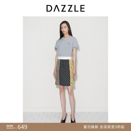 DAZZLE地素奥莱 半身裙秋季女装中式花布拼接设计感短裙