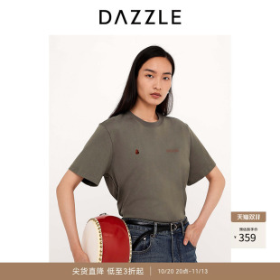 DAZZLE 地素奥莱短袖T恤2025年春季深绿色福禄丝绒贴布绣T恤