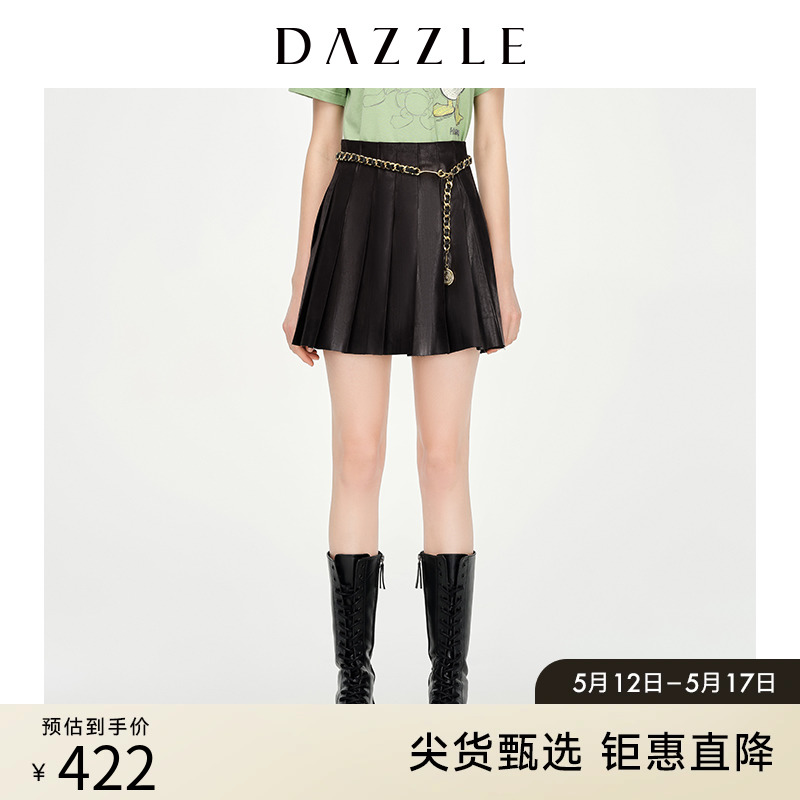 DAZZLE地素奥莱 黑色A字百褶裙机车半身裙女2D1S2151A