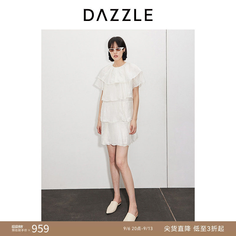 DAZZLE 地素奥莱 连衣裙夏季女装白色重工肌理感荷叶边中裙图片