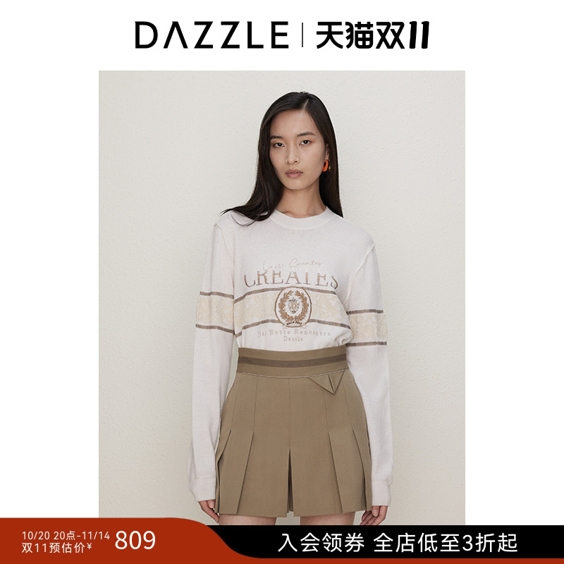 DAZZLE地素奥莱 毛针织衫秋女装复古学院风针织绣花套衫毛