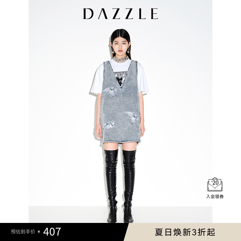 DAZZLE地素奥莱 春夏复古小众印花背带直筒牛仔连衣裙短裙女