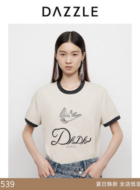 DAZZLE地素奥莱短袖T恤25春米白色复古撞色燕子刺绣T恤上衣女