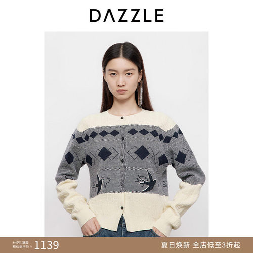 DAZZLE地素奥莱 毛衣25春复古燕子提花针织开衫外套上衣女