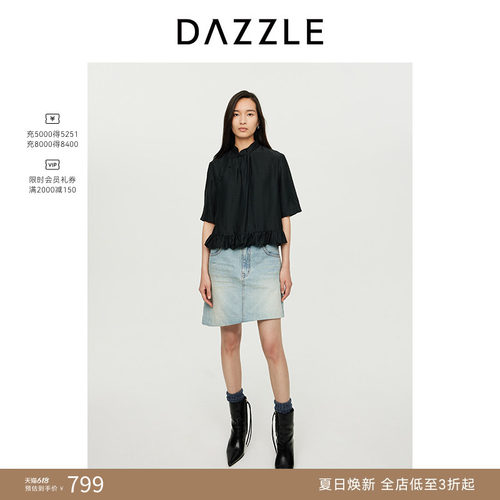 DAZZLE地素奥莱 衬衫秋女装斜襟盘扣中式短袖旗袍式上衣