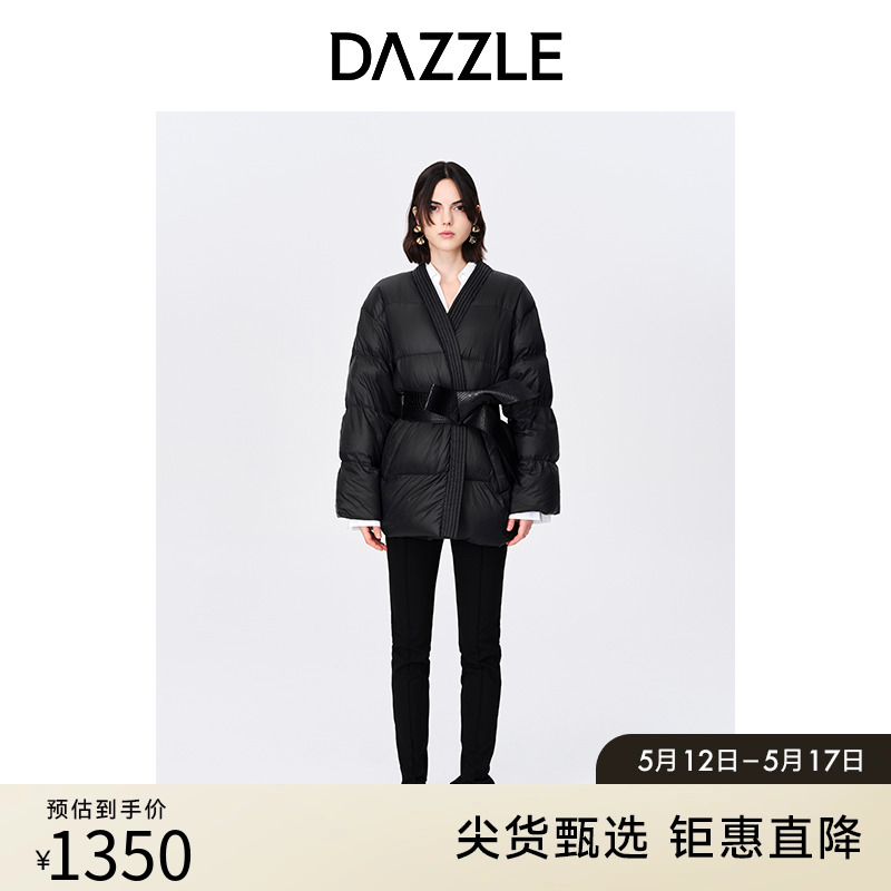 【肌理美学】DAZZLE地素奥莱黑色气质收腰中长款泡芙面包羽绒服女