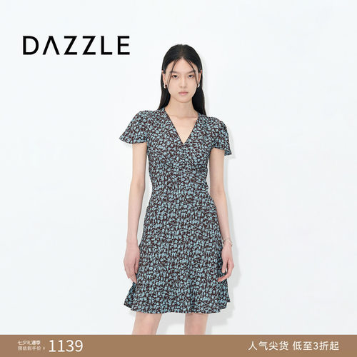 DAZZLE地素奥莱 连衣裙25夏海边度假蓝色收腰碎花连衣裙