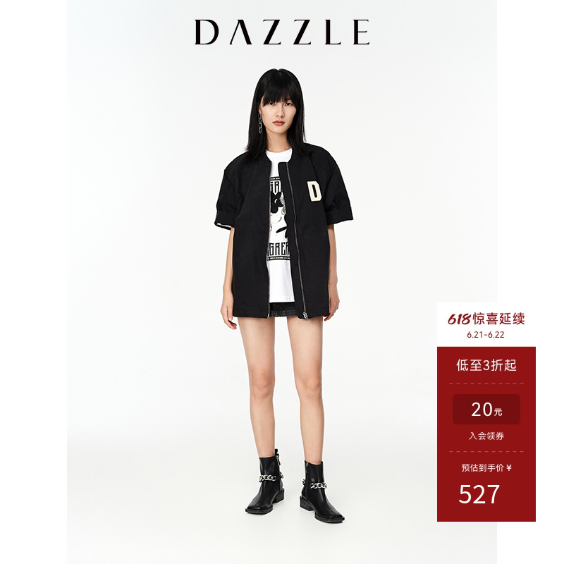 DAZZLE地素奥莱春夏款复古宽松休闲中长款短袖夹克棒球服外套女