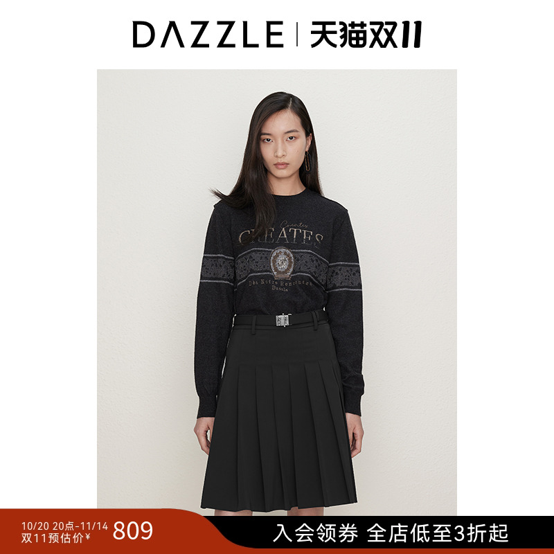 DAZZLE 地素奥莱毛针织衫秋黑色针织长袖绣花套衫毛衣女