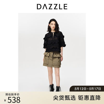 DAZZLE地素 奥莱春季重工刺绣荷叶边黑色衬衫上衣女