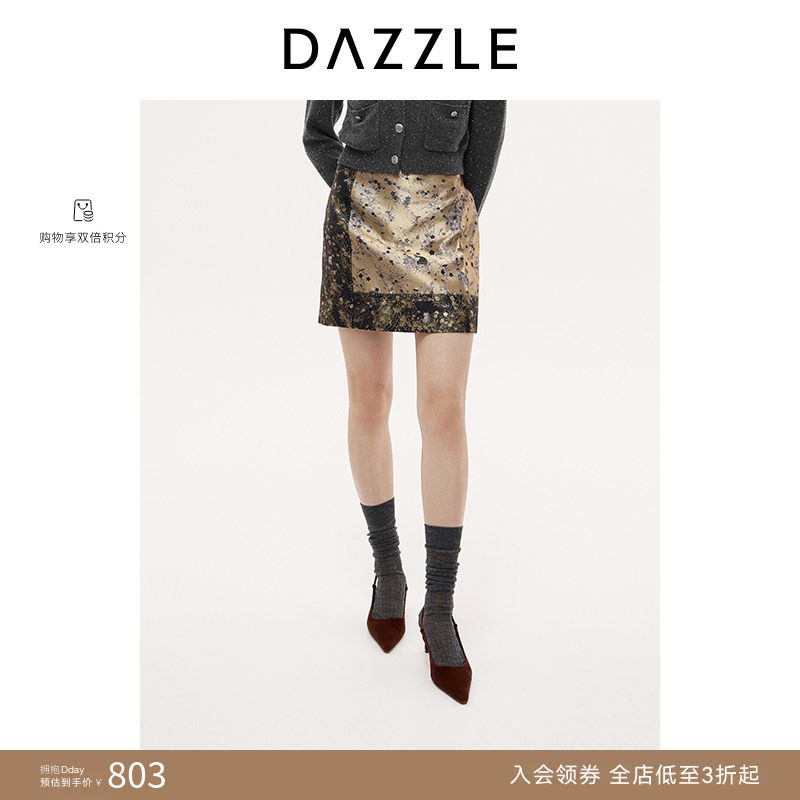 DAZZLE 地素奥莱半裙2025年秋季黑色提花布短裙
