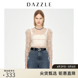 DAZZLE地素奥莱 深卡其色网纱蕾丝打底衫上衣女2D1D5367N