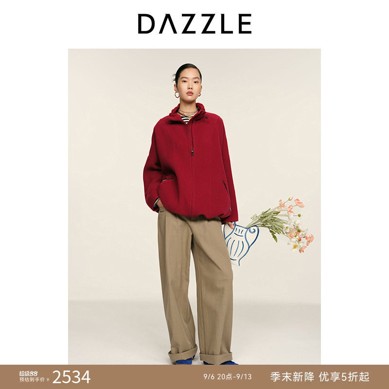 DAZZLE 地素奥莱大衣2026年春季绵羊毛混纺大红色短外套