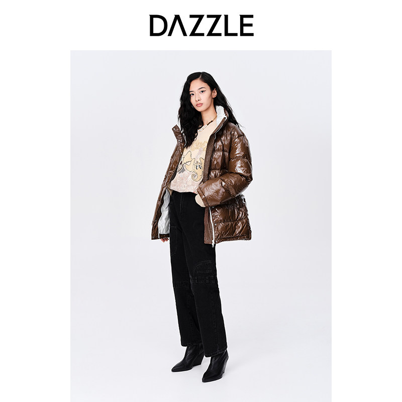 DAZZLE地素奥莱 撞色双领外套复古亮面收腰中长款泡芙羽绒服女