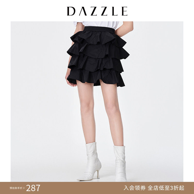 DAZZLE地素奥莱 黑色花边A字裙半身裙短裙蛋糕裙