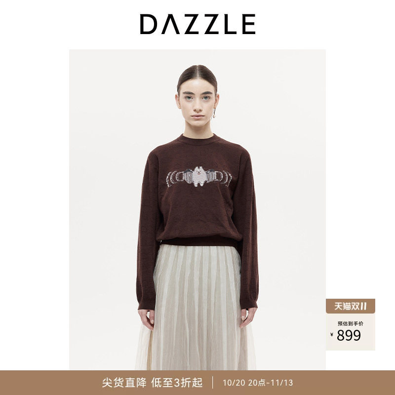 DAZZLE 地素奥莱毛衣25秋黄褐色绵羊毛提花套衫针织衫