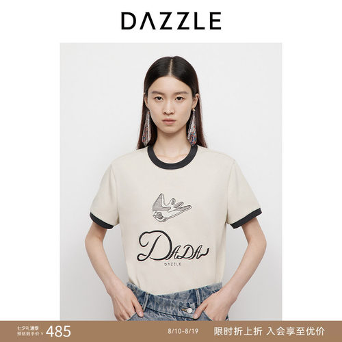 DAZZLE地素奥莱短袖T恤25春米白色复古撞色燕子刺绣T恤上衣女